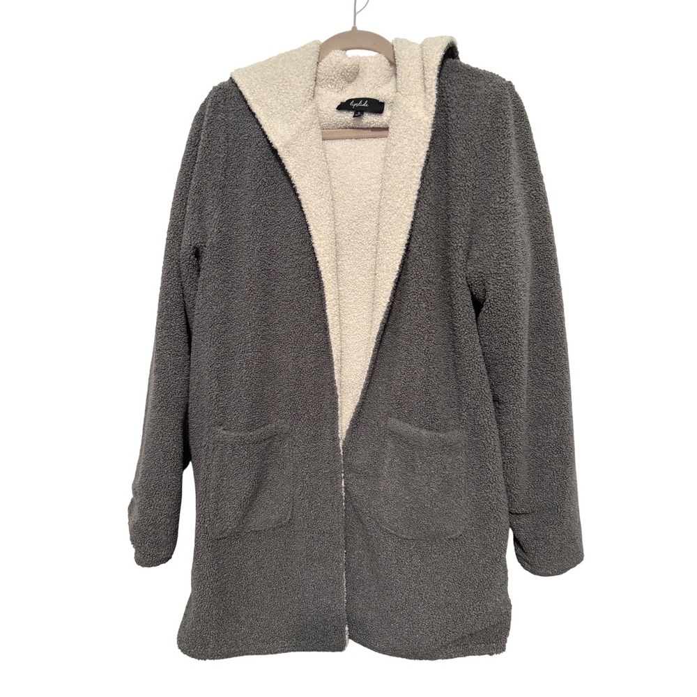 Lipslide Women Sherpa Lined Hooded Open Cardigan Robe Gray Cream XL‎ Coat Jacket